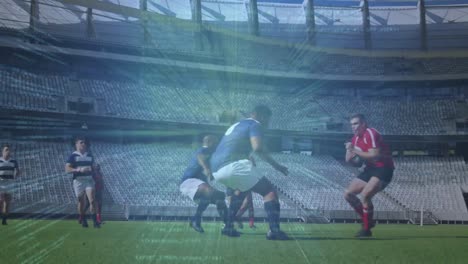 animación del procesamiento de datos sobre jugadores de rugby en el estadio