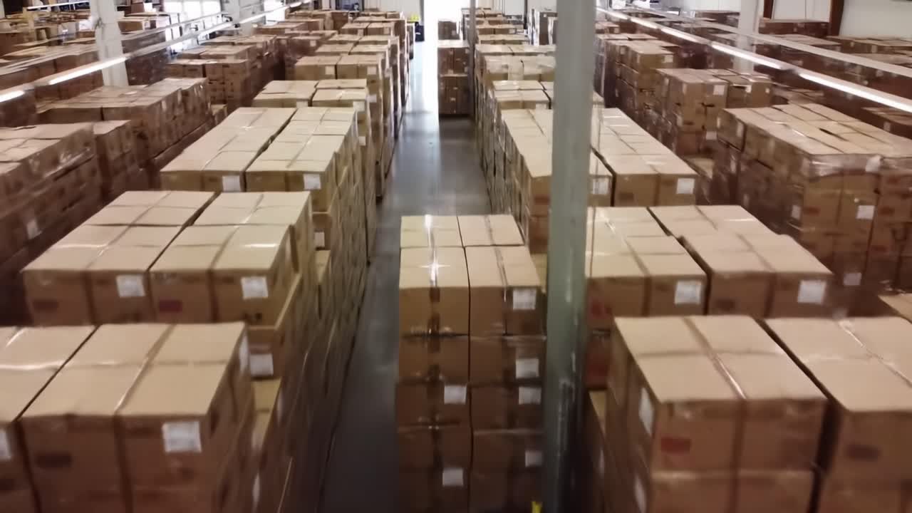 Aerial View of an Organized Warehouse Filled with Neatly Stacked Cardboard Boxes, Showcasing Efficient Logistics and Inventory Management in Action