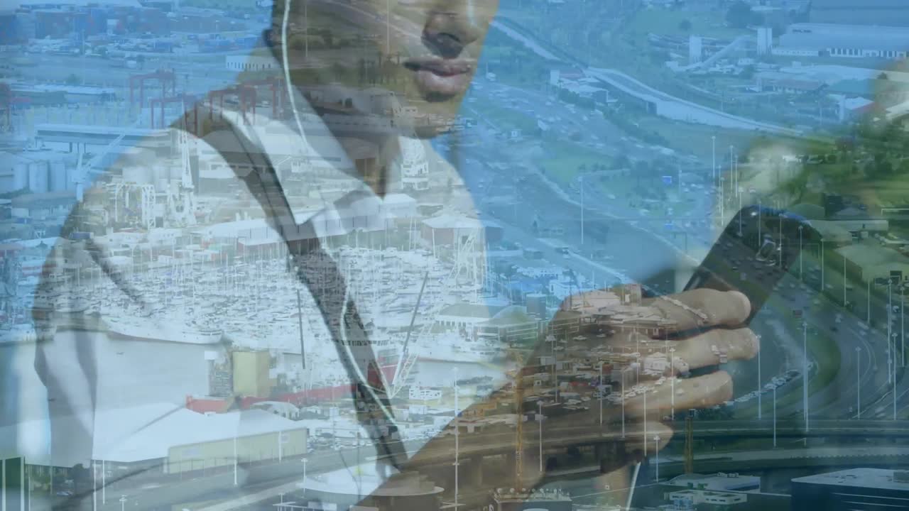 animación de un hombre usando un teléfono inteligente sobre el paisaje urbano