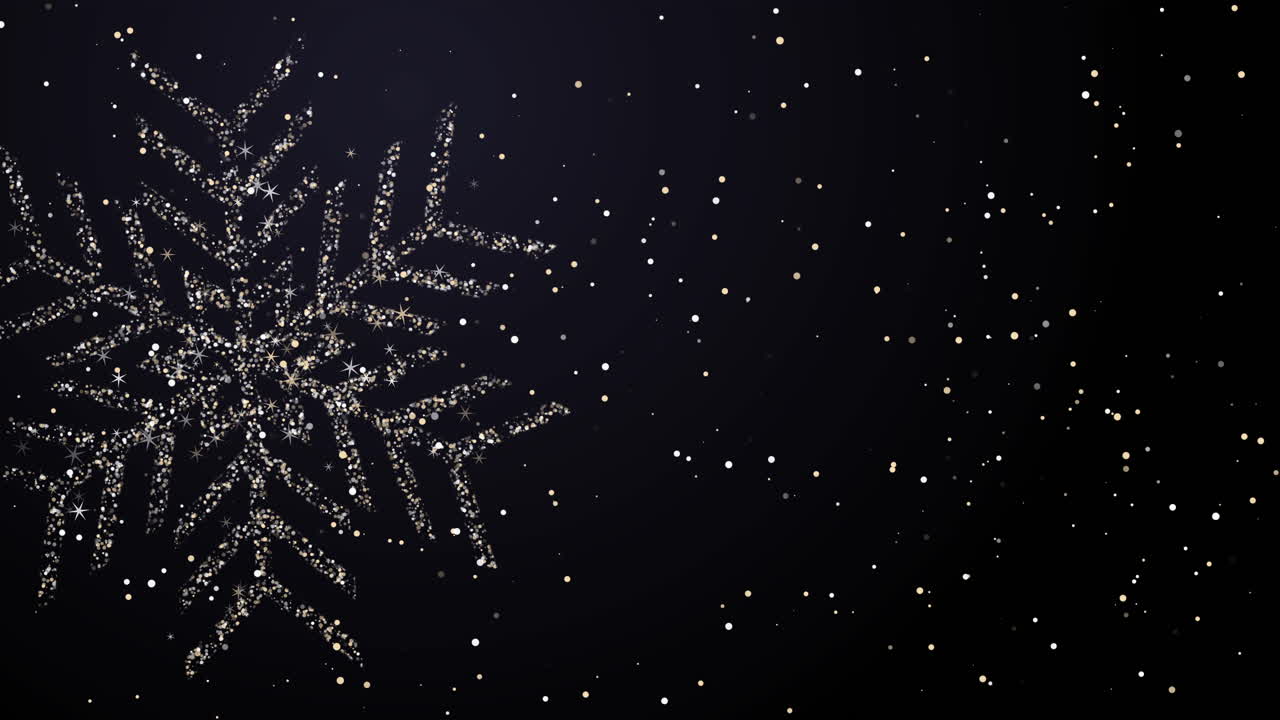Festive New Year dark background with bright shining sparks particles and snowflake shape. Falling snow. Looped animation. Copy space.