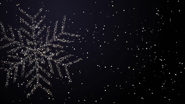 Festive New Year dark background with bright shining sparks particles and snowflake shape. Falling snow. Looped animation. Copy space.
