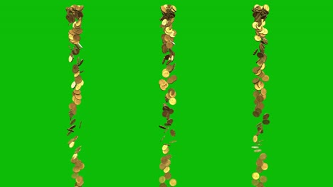 Glowing-gold-coins-falling-in-rows-from-the-top-of-the-frame-on-green-screen-3D-animation