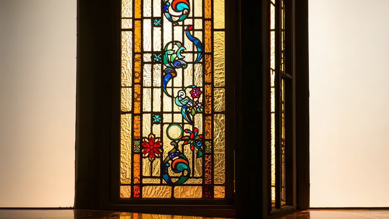 Sunlight filtering through stained-glass sending hinged panel swinging outward, revealing glazing