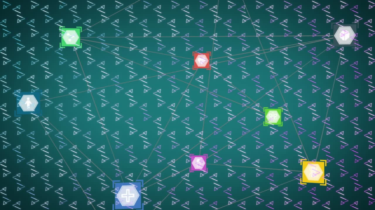 Animation of networks of connections with icons over green patterned background