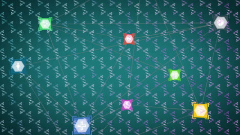 animación de redes de conexiones con iconos sobre un fondo con patrones verdes