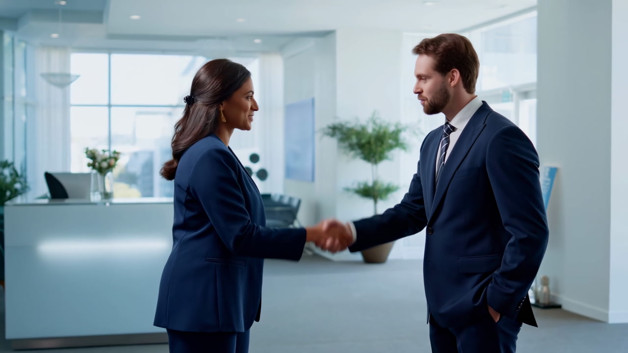 Black Woman And White Man Handshake In Modern Office Lobby, Corporate Executives Exchange Contract With Warm