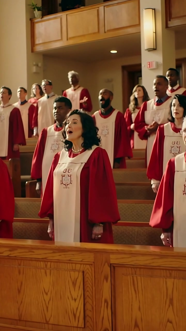 Vertical video: Singing choir in red robes and white stoles responding to service cue in sanctuary