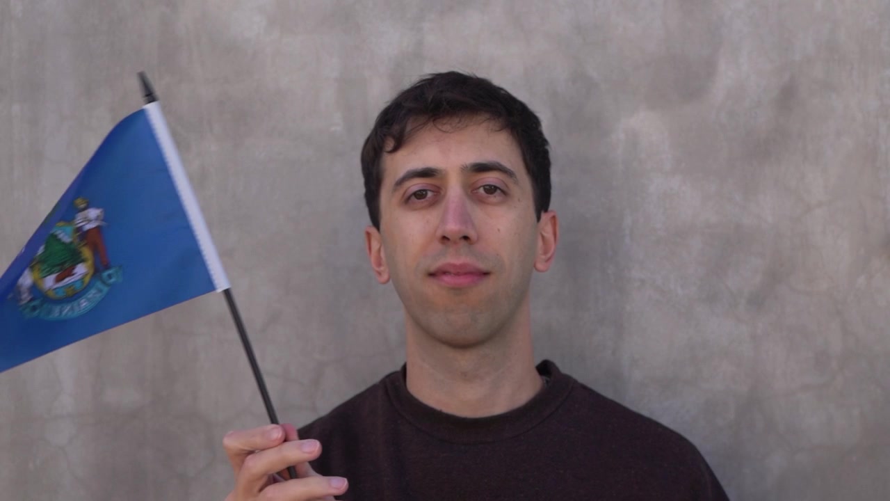 Male adult waving Maine state flag. Slow motion.