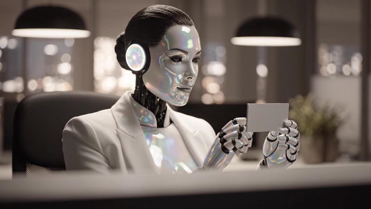 Futuristinen humanoidirobotti tyylikkäässä toimistoympäristössä tutkii tyhjää korttia, heijastaen edistyksellistä teknologiaa ja hienostuneisuutta tekoälyssä ja robotiikassa.