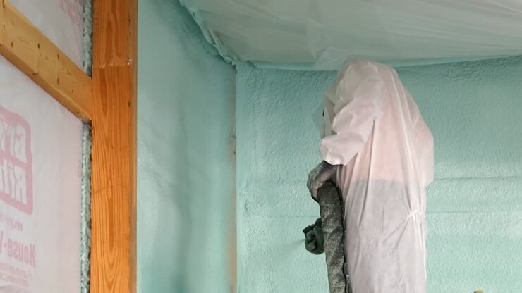 Man in disposable suit and respirator is spraying closed cell foam insulation onto a corner of an exterior wall of a new construction