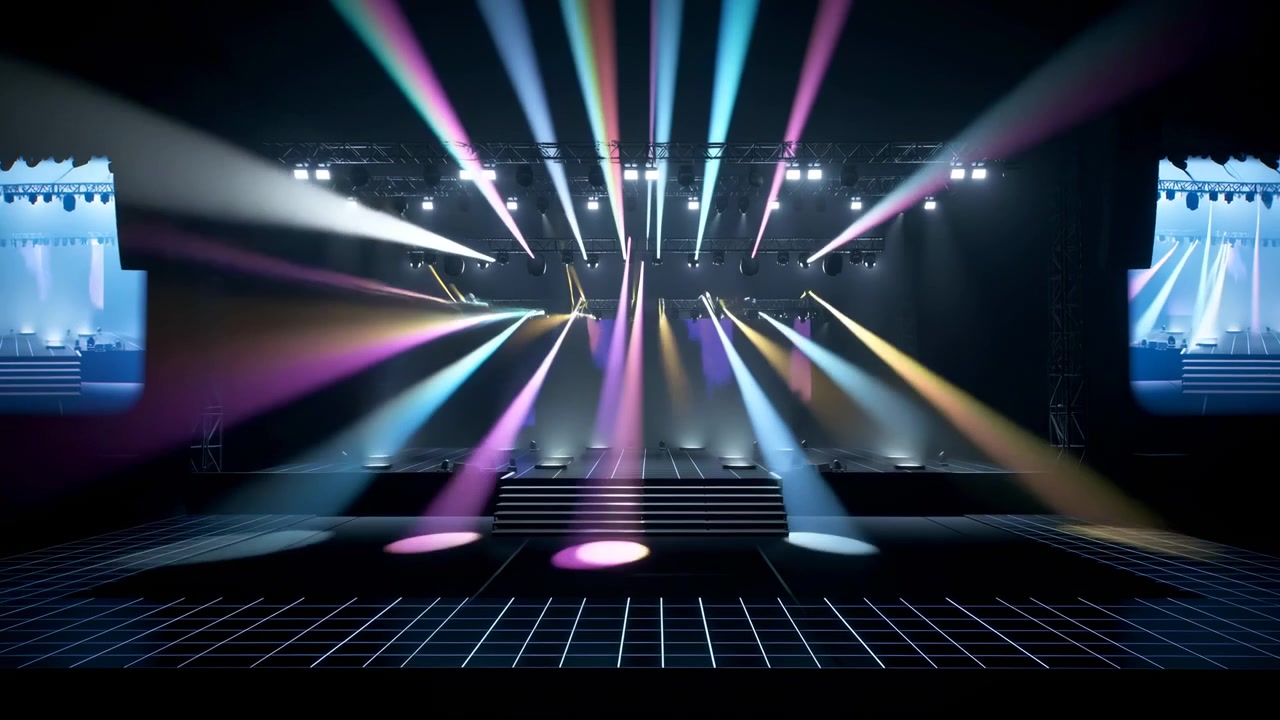 Empty Concert Stage With Lighting Blue And Purple Beams Cut Through Haze As Lighting Technician Tests Cues,