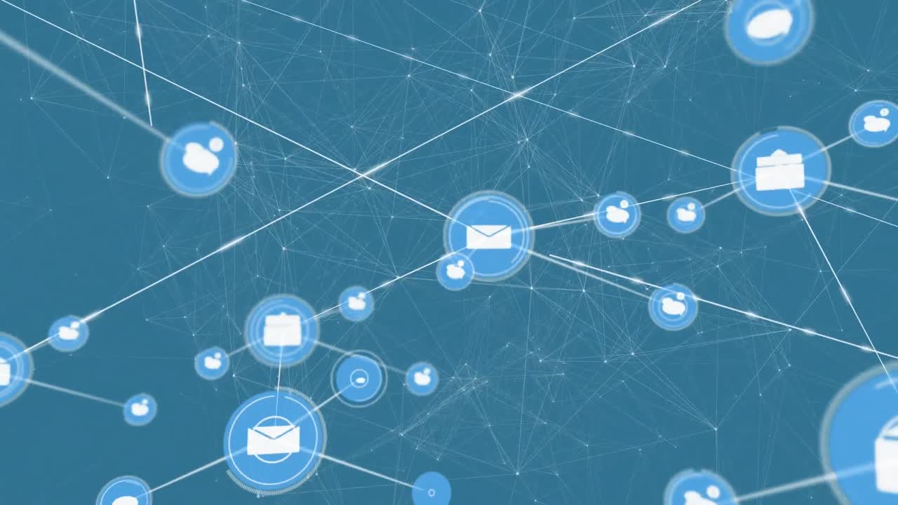 Animation of network of connections and digital icons against blue background