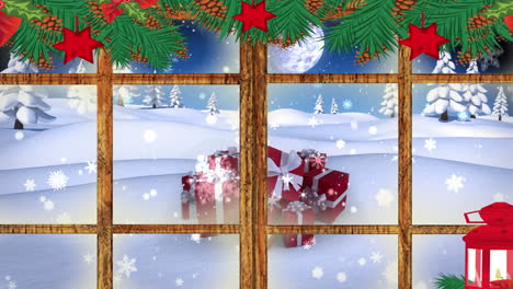 Animation-Einer-Winterlandschaft-Und-Geschenke-Durch-Das-Fenster-Gesehen