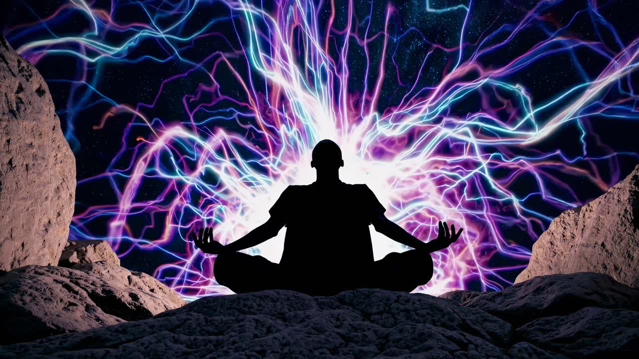 Silhouette of a person meditating with vibrant, electric energy patterns in the background