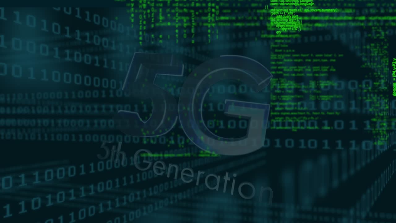 Animation of 5g, binary code and diverse data processing over navy background