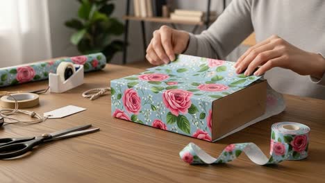 A Person Skillfully Wraps a Gift in Beautiful Floral Paper, Creating a Thoughtful Presentation with Love and Care for a Special Occasion