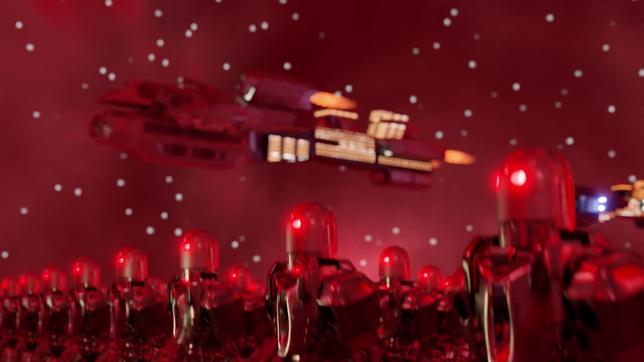 Army of robots walking under starry sky. Robots have turned against humans