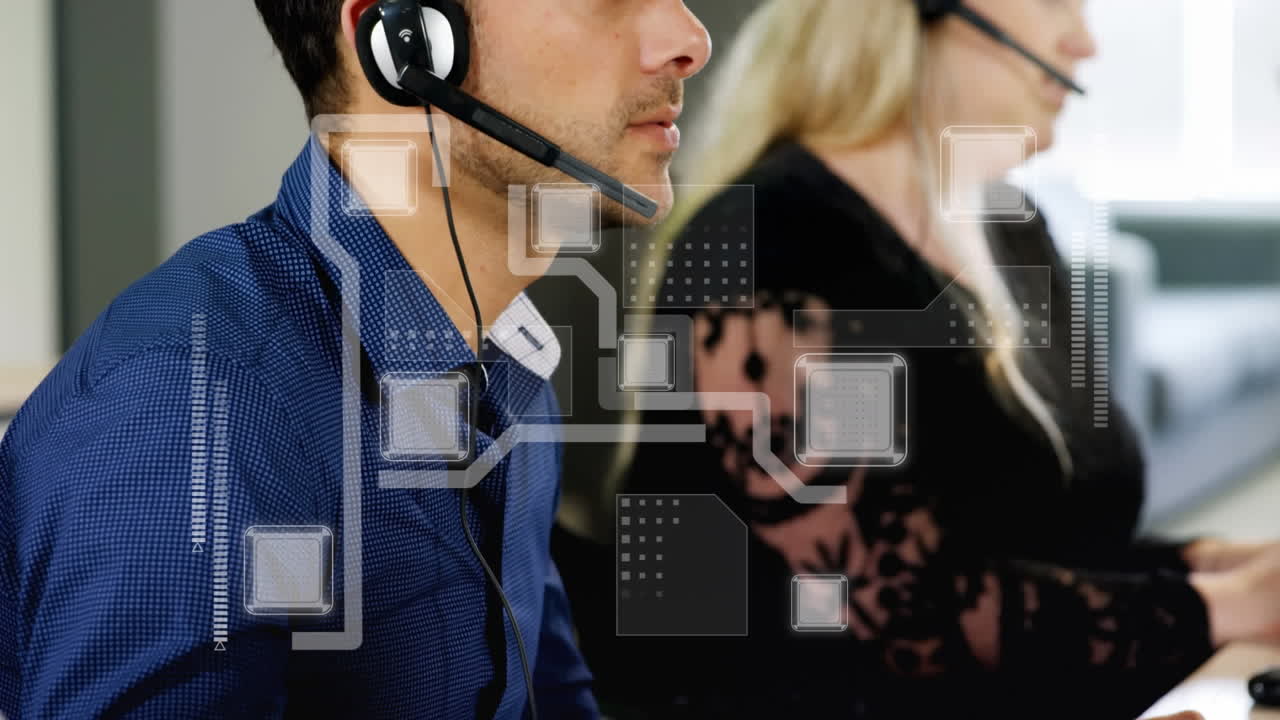 animación de redes de conexiones a través de personas de negocios que usan auriculares telefónicos