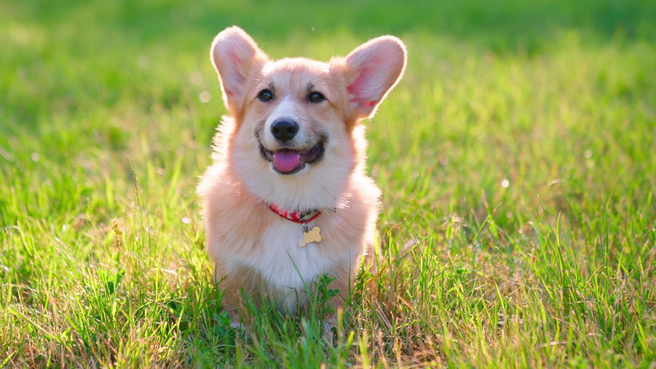 Adorable cachorro Corgi sentado en hierba verde brillante