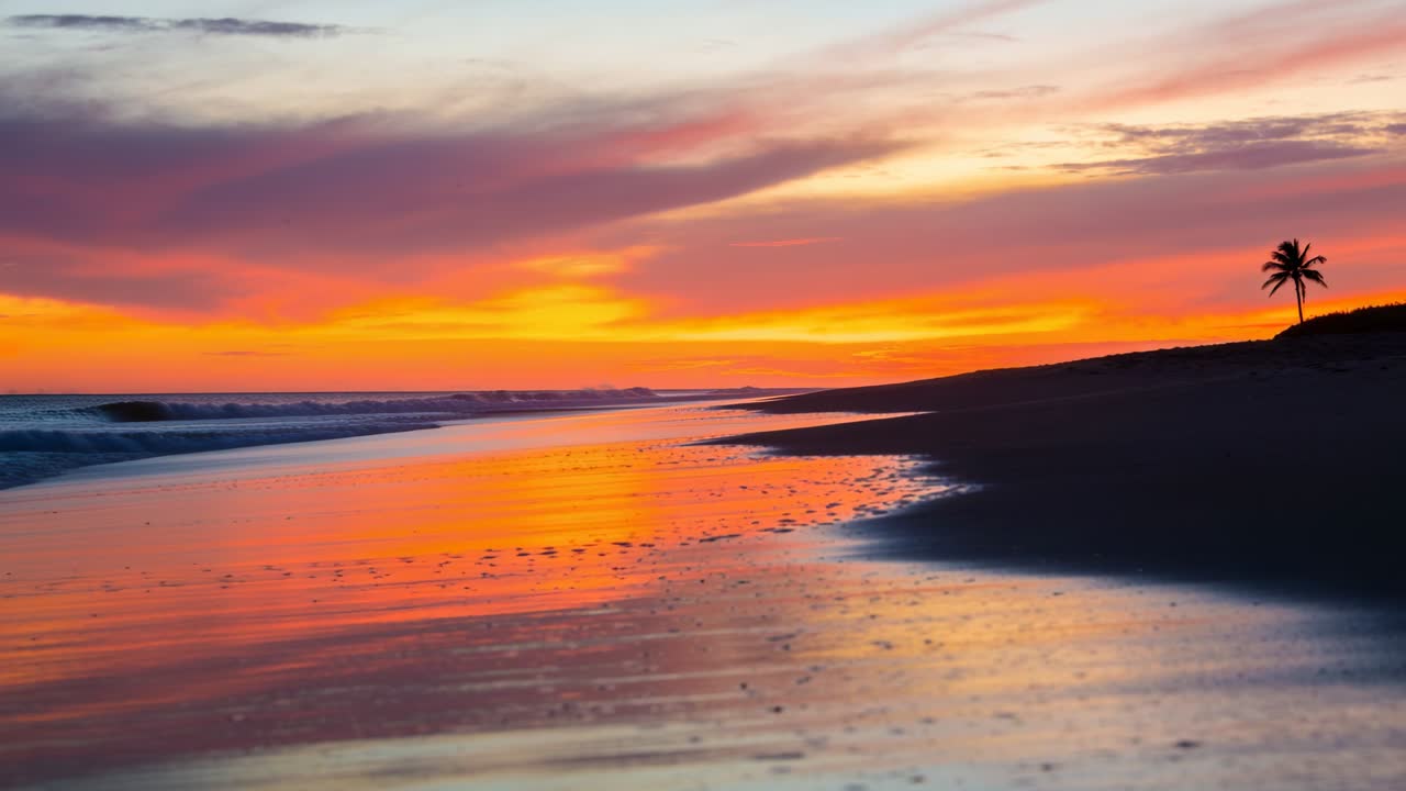 Curving shoreline and surf advancing, shifting reflective sand and highlighting sunset for travel