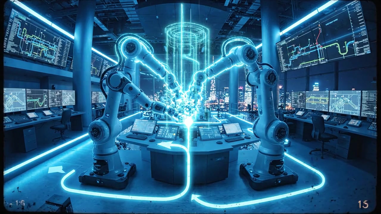 Robotic Arms Operating in a Futuristic Control Room with City Skyline