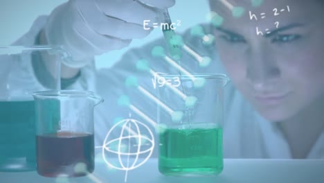 Animation of dna strand and scientific data over female scientist with test tube