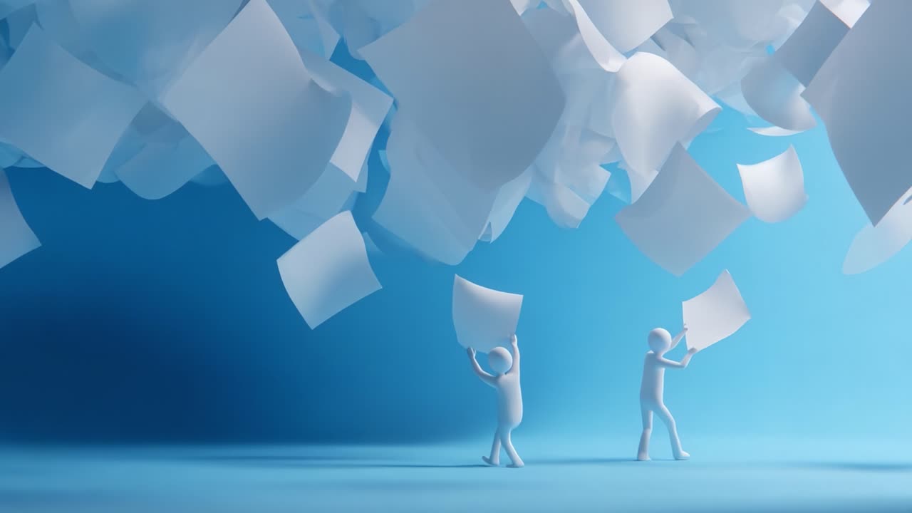 Dynamic Interaction Between Figures and Floating Papers: A Visual Exploration of Movement, Chaos, and Collaboration in an Artistic Blue Atmosphere