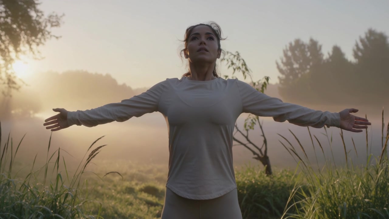 Donna che respira, sollevando il petto mentre l'alba le fa prendere un respiro tra l'erba nebbiosa, indossando un top a maniche lunghe.