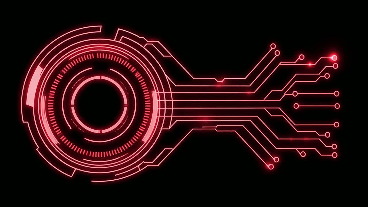 Red Glowing Digital Circuit Board with Flowing Data Animation