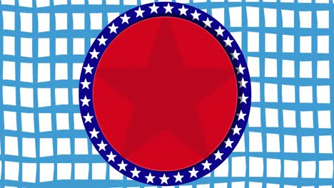 animation of red, white and blue circles and stars, american flag elements over blue and white grid