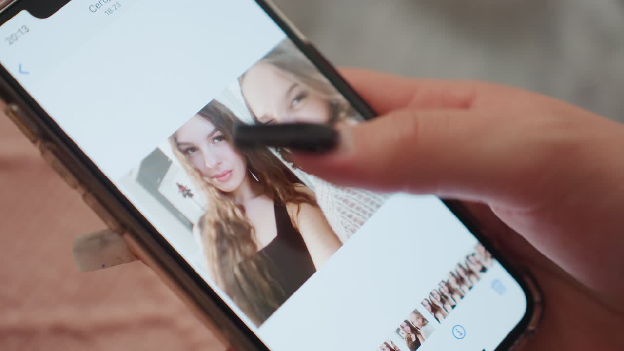 Selezione di ritratti da smartphone di una fotografa caucasica che tocca lo schermo per ritagliare e approvare un selfie di coppia, unghie nere, primi piani modificati sullo schermo, riflessi della luce da studio, filtro di rifinitura e composizione