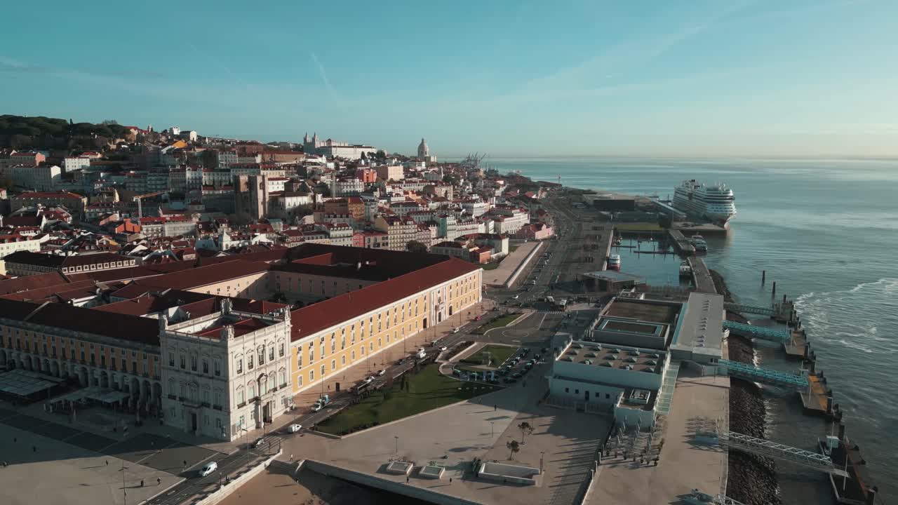 Lisbon, Portugal - Aerial view of Lisbon. Spectacular view of Cruise Ship Terminal of Lisbon. Beautiful promenade of Lisbon. Travel destination