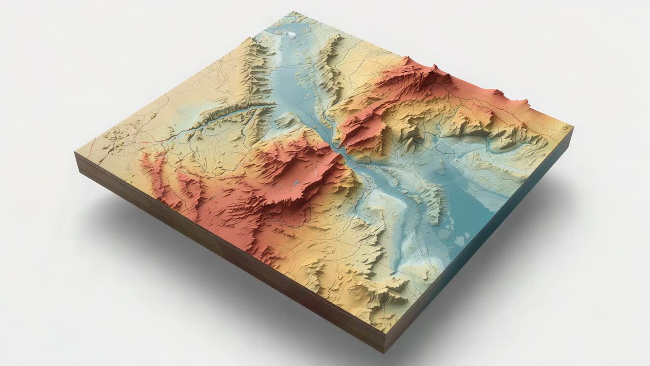 Panning camera revealing 3D relief model on white tabletop showing warm cool colors contours shadow