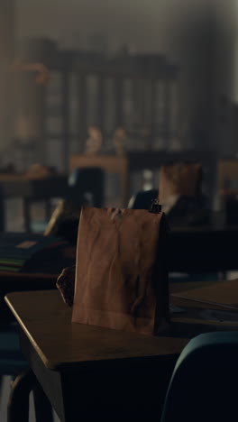 a brown paper lunch bag sits on an empty desk in a classroom