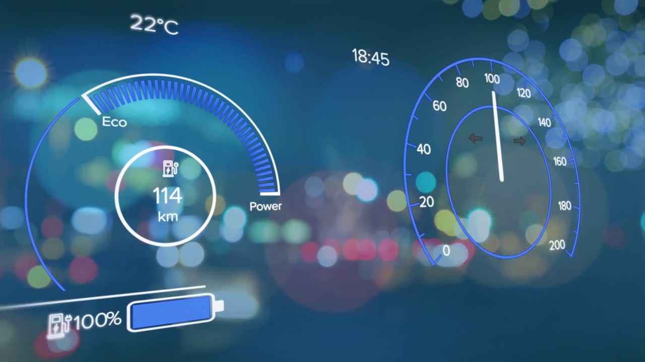 도시를 가로지르는 전기 자동차 속도계 데이터 처리 애니메이션