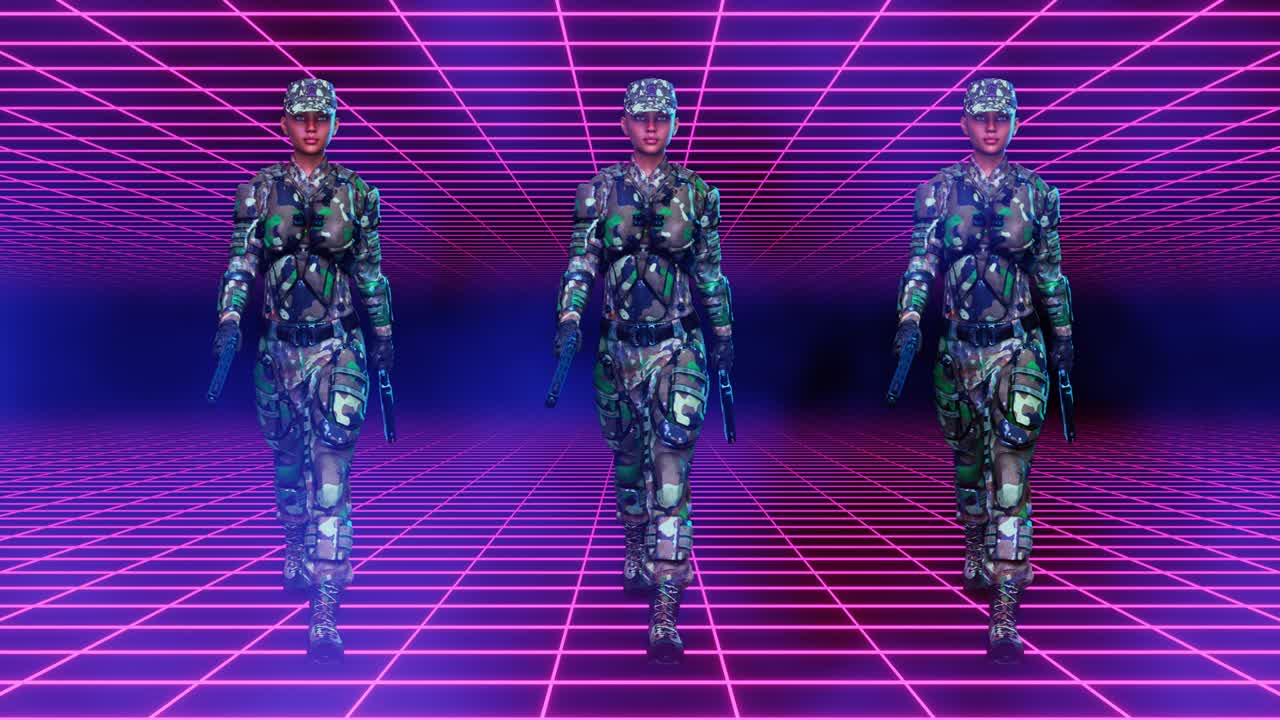 Sci Fi Girl Soldiers in a Tunnel with Fog. 3D Render