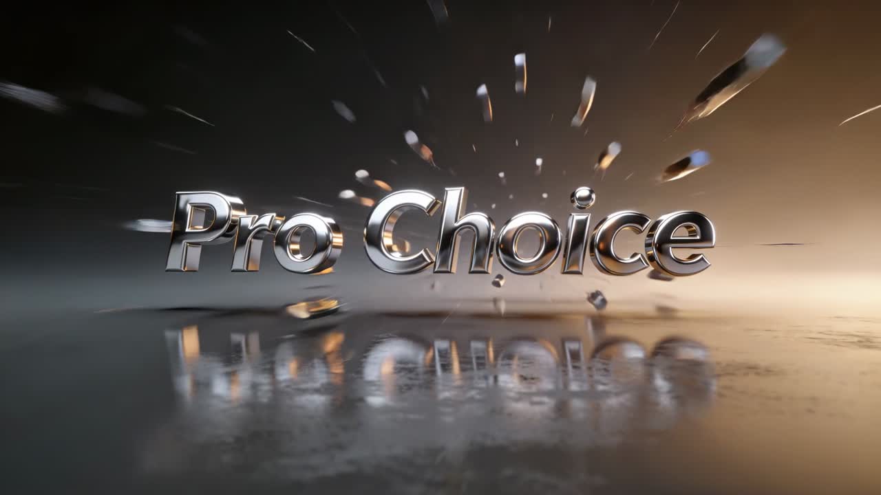 Revealing chrome 3D logo Pro Choice bursting shards from core on glossy floor, cool-warm lighting
