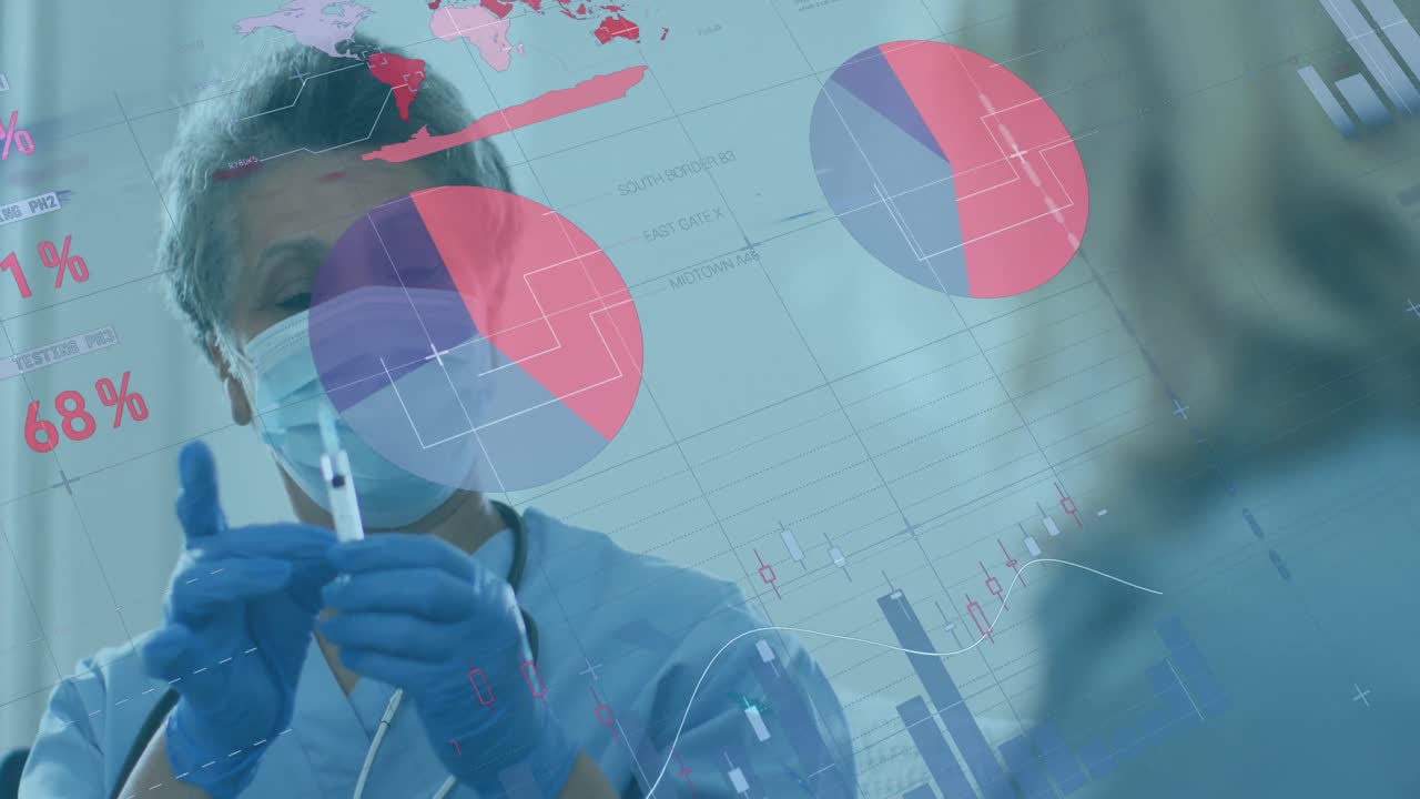 animación de la interfaz digital que muestra estadísticas con una doctora enmascarada dando vacunación a un padre