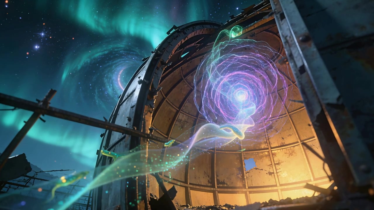 Emerging ribbon at lower-left flowing into rusted dome hatch at night, forming purple vortex