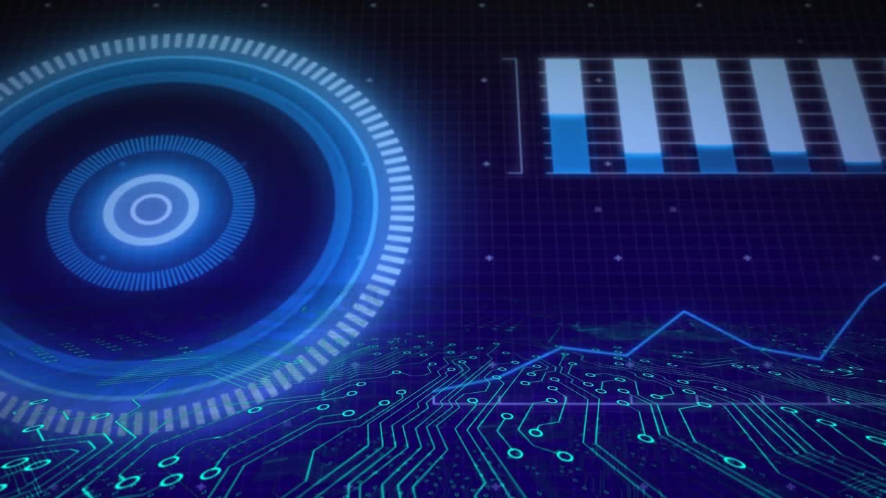 Circuit traces emerging causing HUD pulsing, bars filling and line graph animating for analytics
