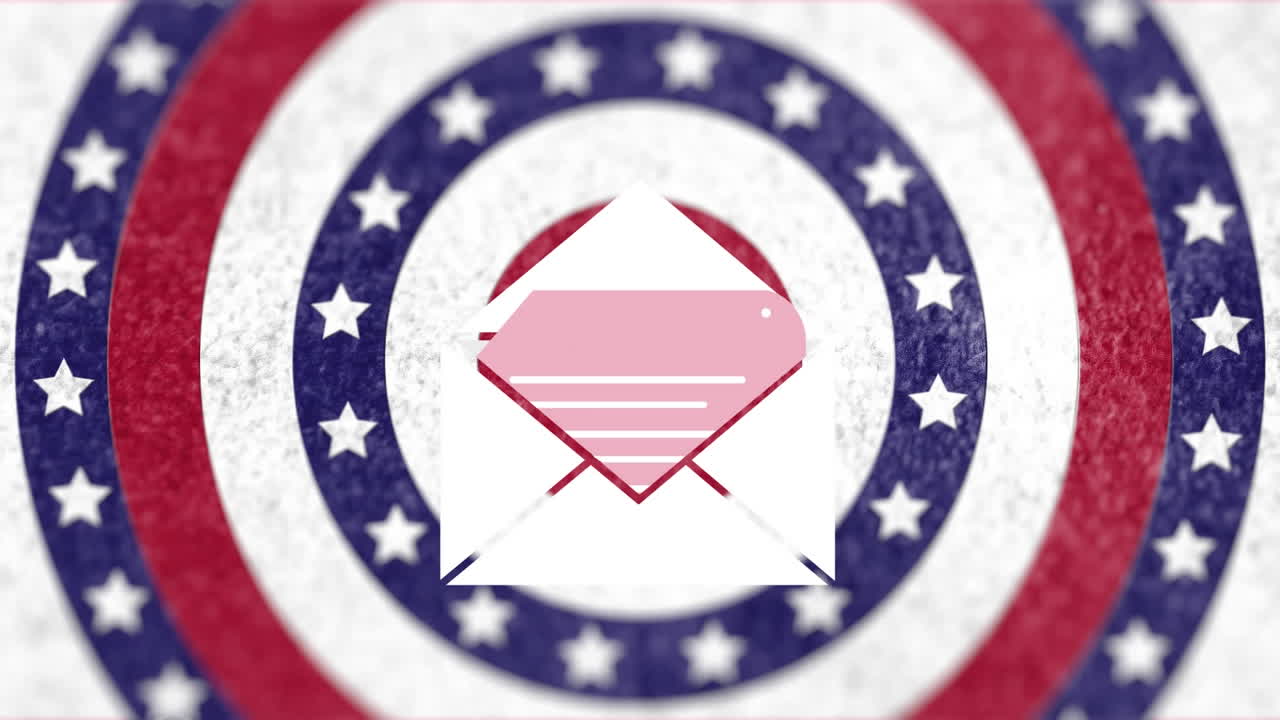 icono de mensaje flotando contra estrellas en círculos giratorios contra fondo blanco