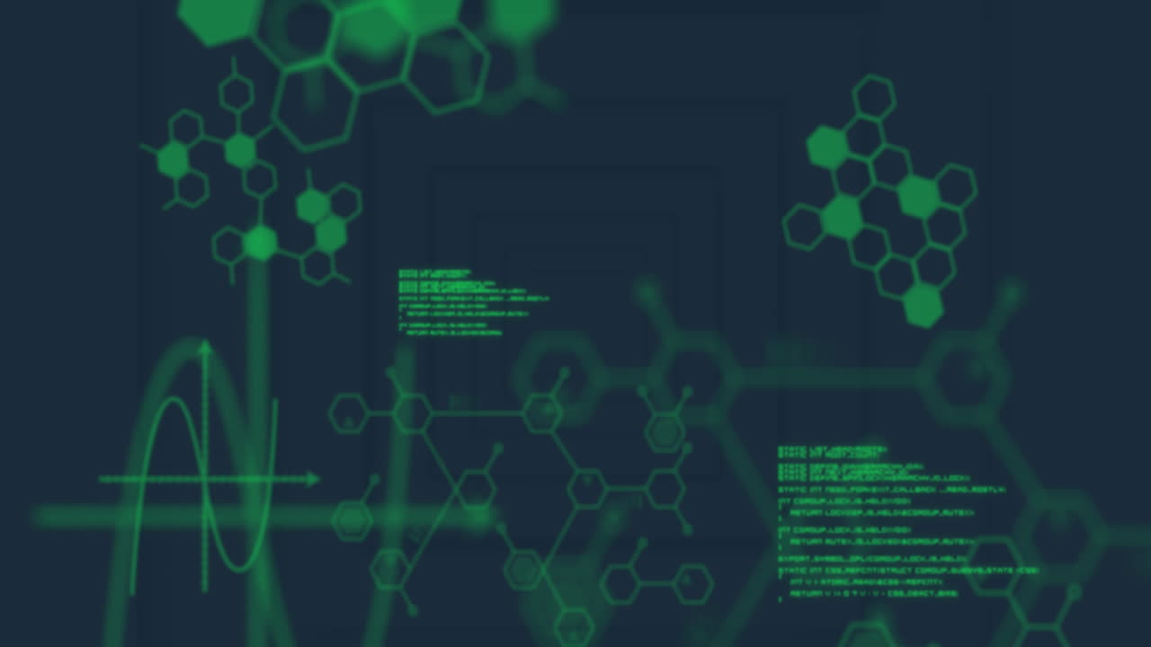 Green hexagonal patterns and code animation over dark geometric background