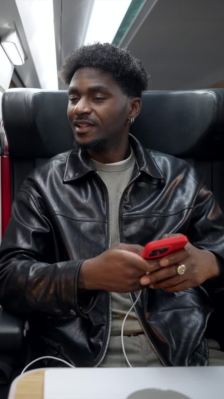 Man in Leather Jacket on Train