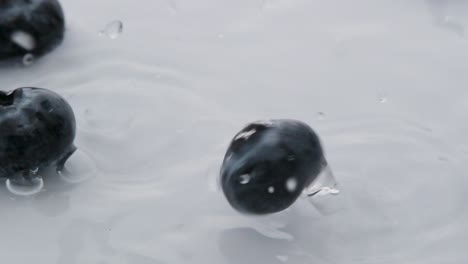 close up small blueberries splashing on water, slow motion - fresh berries concept