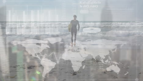 animación de estadísticas y procesamiento de datos sobre el hombre que lleva tabla de surf por la costa