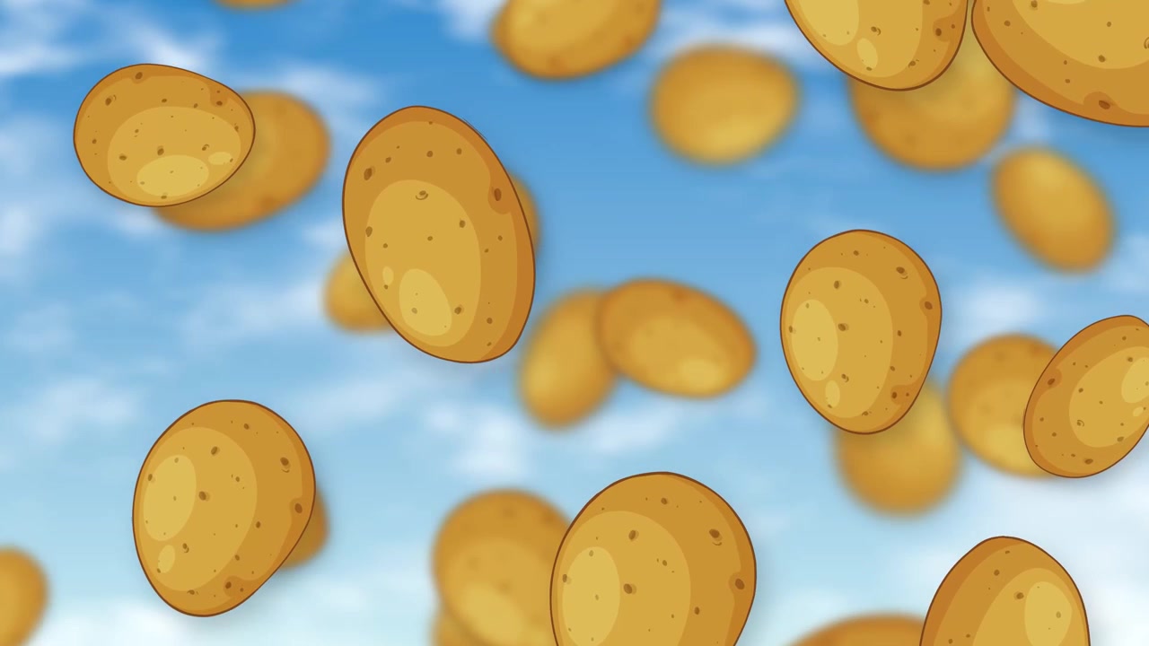 Cartoon style whole potatoes fall through a bright blue sky with soft white clouds.