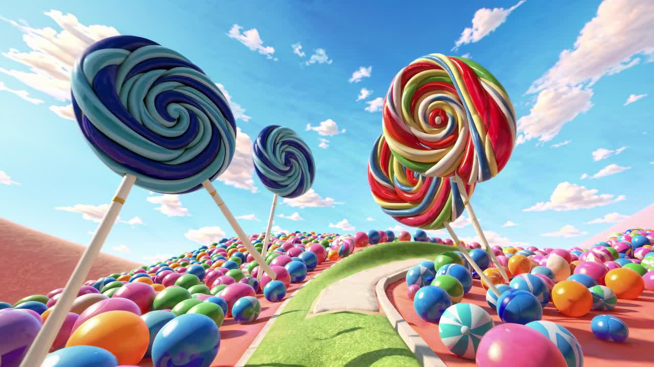 Whimsical video scene of giant lollipops and colorful candy landscape under a bright sky