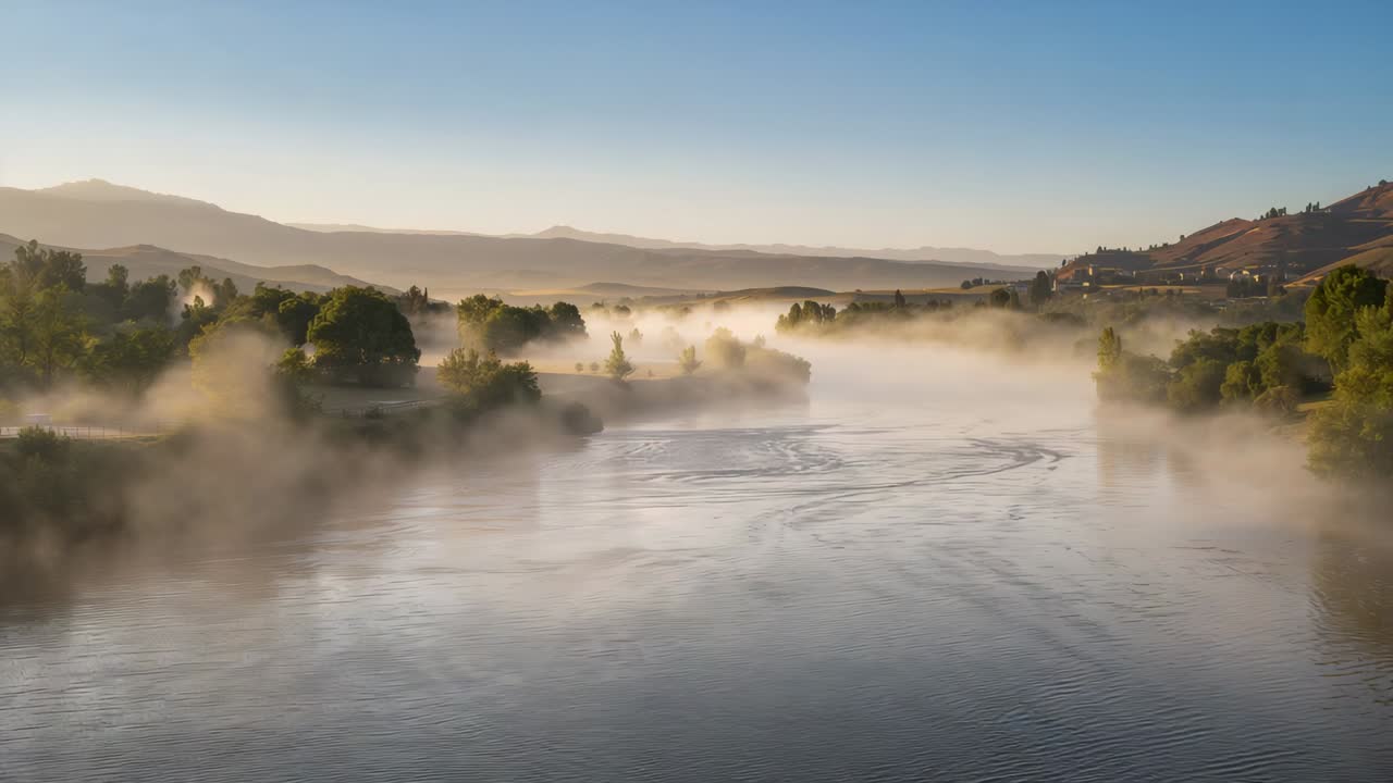 Emerging pair paddling kayaks in coats through mist on river at dawn, making wakes disturbing swirl