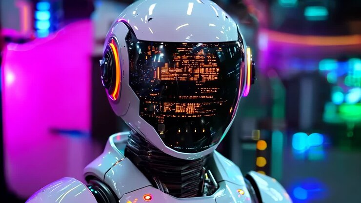 Un robot blu con uno skyline sullo sfondo