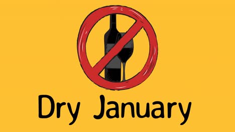 animación del texto de enero seco en negro, con un signo prohibido rojo sobre el vino, sobre fondo amarillo